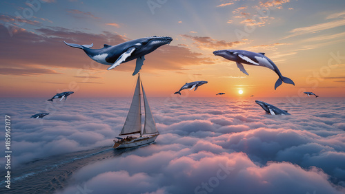 Whales swim through clouds while a sailboat moves under a colorful sunset sky Generative AI