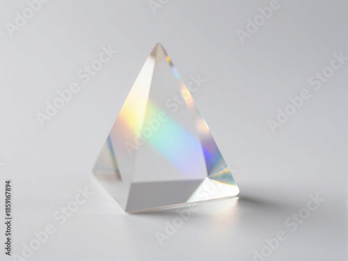 Light refracts through glass prism creating rainbow spectrum on surface in indoor setting Generative AI