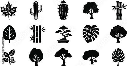 unique black silhouettes featuring various tree types and individual leaves for botanical designs