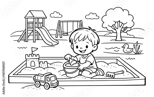 Cute cartoon boy playing in a sandbox at a playground with toys and swings