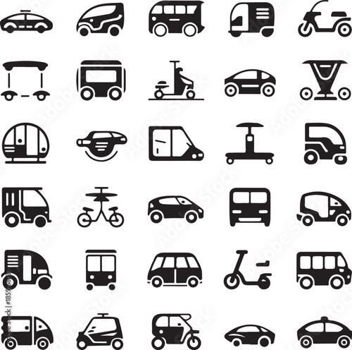 Collection of various vehicle icons in monochrome style