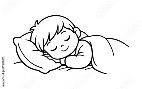 Cute cartoon child sleeping peacefully on a pillow with a blanket