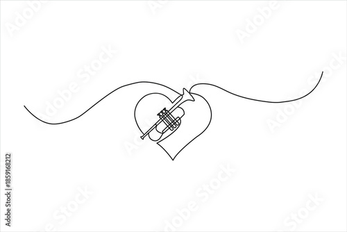 Minimalist continuous one-line drawing of a trumpet integrated with a heart shape and music notes. Sleek black vector art for jazz and romantic themes.