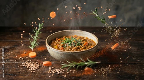 Steaming Bowl of Rustic Lentil Soup with Floating Fresh Ingredients and Spices