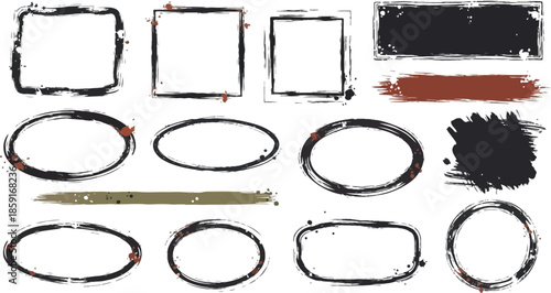 Big collection of black paint, ink brush strokes, brushes, lines, grungy. Dirty artistic design elements, boxes, frames. Vector illustration. Isolated on white background. 