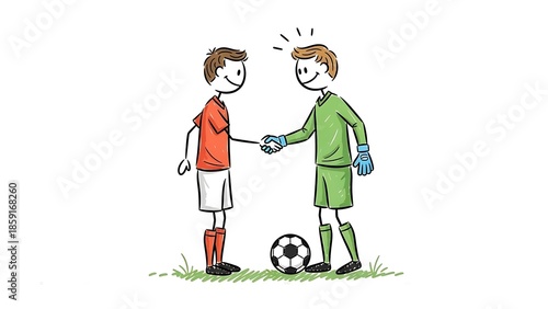 Two stick figures, a soccer player and a goalkeeper, shaking hands over a soccer ball on a grassy field.