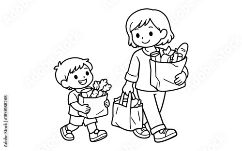 Mother and son happily carrying grocery bags filled with fresh food items