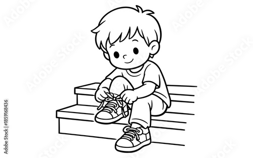 Cute cartoon boy sitting on steps and tying his shoelaces