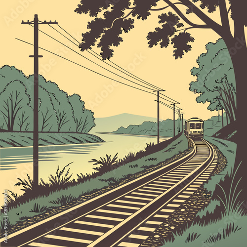 Rural train journey near a serene lake