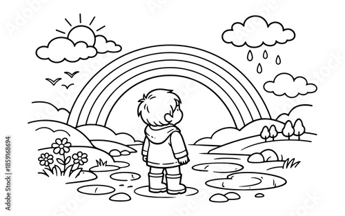 Child in rain boots looking at a rainbow after a shower in a whimsical landscape