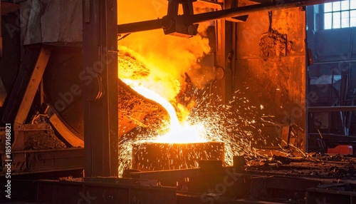 Molten Metal Pouring into Mold in Industrial Steel Mill.