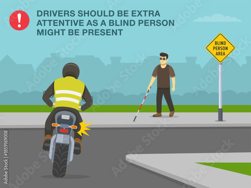 Safe driving tips and traffic regulation rules. Blind person area. Pedestrian uses cane to walk on sidewalk. Back view of a motorcycle turns right at an intersection. Flat vector illustration template