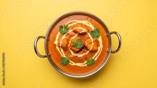  butter chicken curry in balti dish top down view and isolated, Top view, yellow background, indian food 