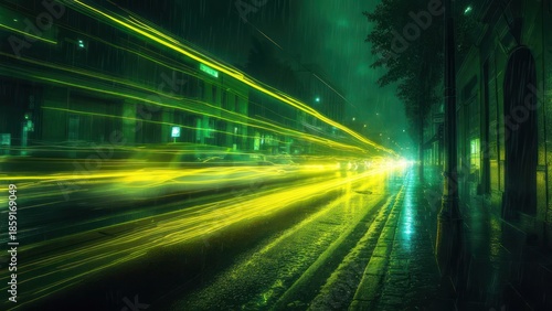 Abstract Light Trails on Wet City Street at Night.