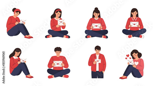 Illustrations of people in red clothing sharing love letters on Valentine's Day