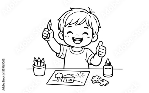 Happy cartoon boy holding a pencil and giving a thumbs up while drawing