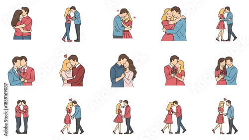Collection of Romantic Couple Embracing and Hugging in Various Poses and Outfits
