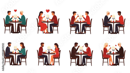 Diverse couples enjoy romantic candlelit dinners, symbolizing love and connection in various settings