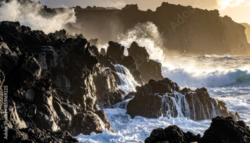 Ocean waves crashing against rugged coastal cliffs under a dramatic sky.