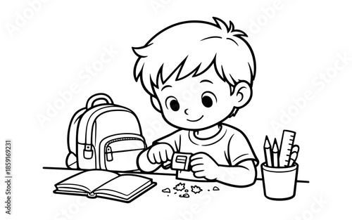 Cute cartoon boy sharpening pencils at a desk with school supplies