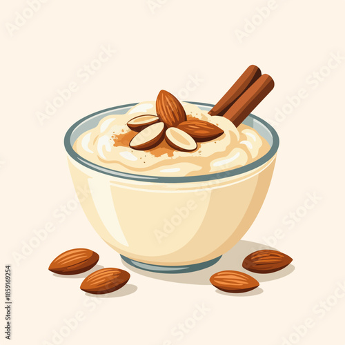 A bowl of rice pudding with almonds and cinnamon sticks. Healthy homemade dessert concept. Sweet breakfast food cartoon graphic