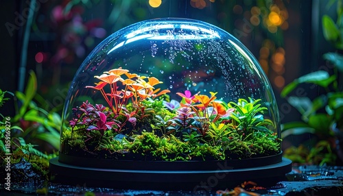 Miniature terrarium ecosystem with vibrant plants and a glass dome.