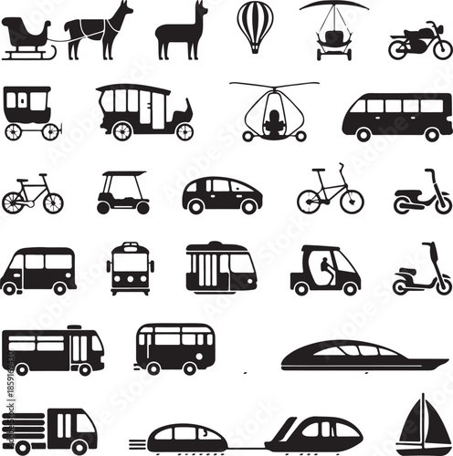 Collection of various transport and vehicle icons isolated on transparent background