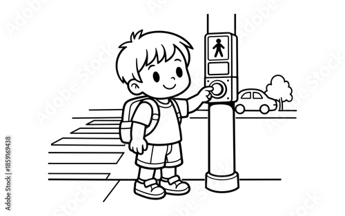 Cute cartoon boy with backpack presses button at crosswalk signal for safety
