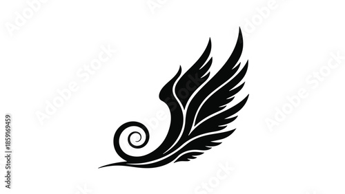 Elegant black feather and scroll design with a stylized wing motif