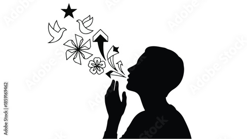 Silhouette of a person blowing out creative ideas and symbols into the air.