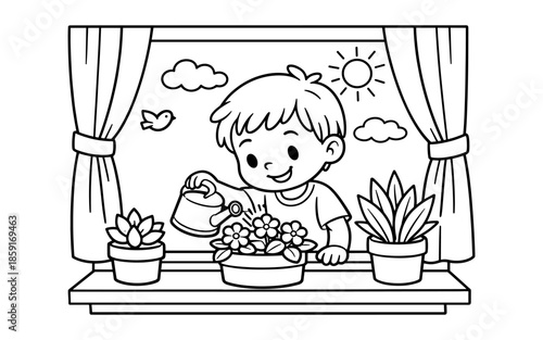 Cute cartoon boy watering potted flowers on a windowsill with sun and clouds outside
