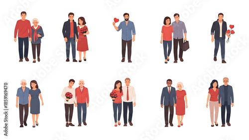 Diverse Illustrated Couples Set Depicting Love, Relationships, and Modern Families in a Variety of Poses and Interactions, Celebrating Partnership and Affection