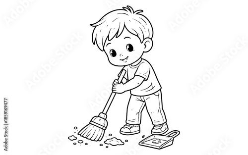 Cute cartoon boy sweeping floor with broom and dustpan, line art illustration