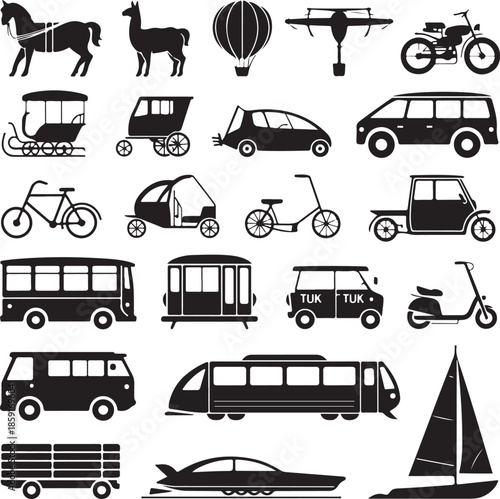 Collection of various transport and vehicle silhouette icons isolated
