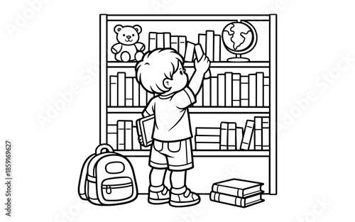 Young boy reaching for a book on a shelf in a library with a teddy bear and globe
