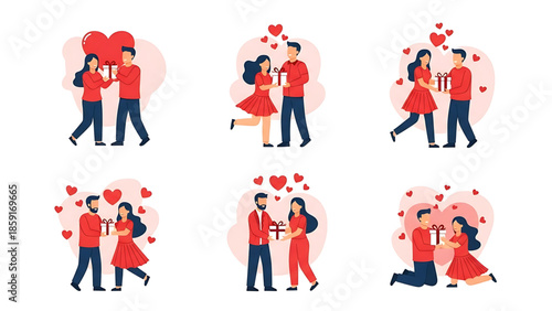Romantic Couples Exchanging Love Gifts and Presents, Celebrating Valentine's Day, Anniversary, or Special Moments, Flat Vector Illustration Set for Design Projects