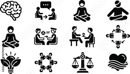 Collection of black and white icons representing people and technology 