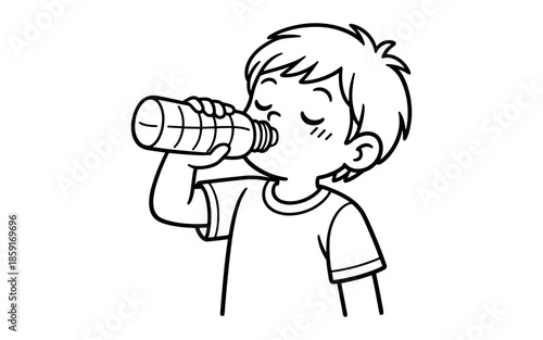 Cute cartoon boy drinking water from a bottle with eyes closed and a happy expression