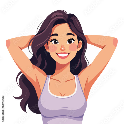 Young woman smiling and stretching arms. Happy female character with hands behind head. Flat vector illustration