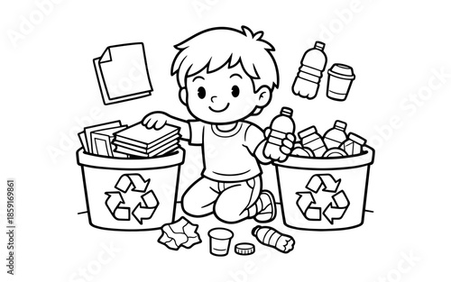 Cute cartoon boy sorting paper and plastic for recycling in separate bins