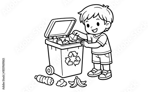 Cute cartoon boy happily throwing trash into a recycling bin with a recycle symbol
