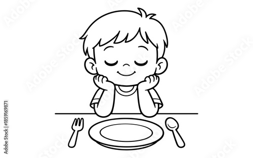 Cute cartoon boy with eyes closed resting his head on his hands at a table with plate