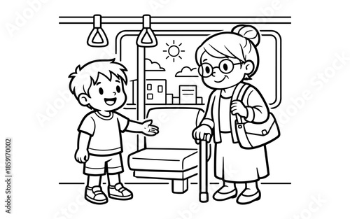 Kind boy offers seat to elderly woman on public transport, illustration