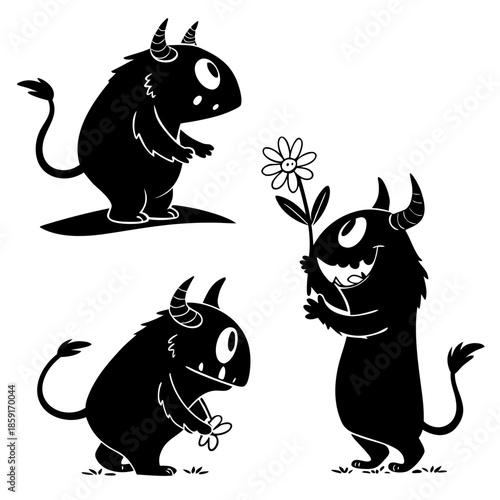 Three cartoonish demons with flowers
