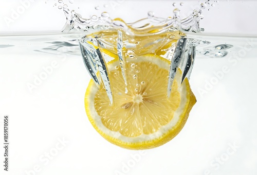 Fresh Yellow Lemon Slice Dropping into Water with Dynamic Splash and Bubbles
