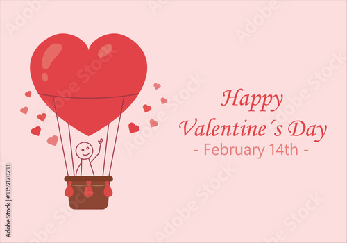 Tarjeta de felicitación para el día de san valentín con personaje en globo aerostático de corazón