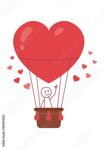Personaje de palitos saludando desde un globo aerostático con forma de corazón rodeado de pequeños corazones