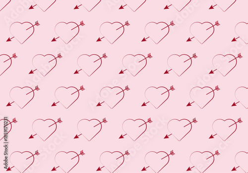 Patrón repetitivo de corazones rojos con flechas de cupido sobre fondo rosa pastel