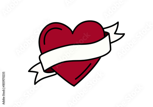 Corazón rojo con cinta blanca de estilo tatuaje clásico sobre fondo blanco