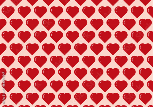 Patrón repetitivo de corazones rojos con brillo sobre un fondo de color crema claro